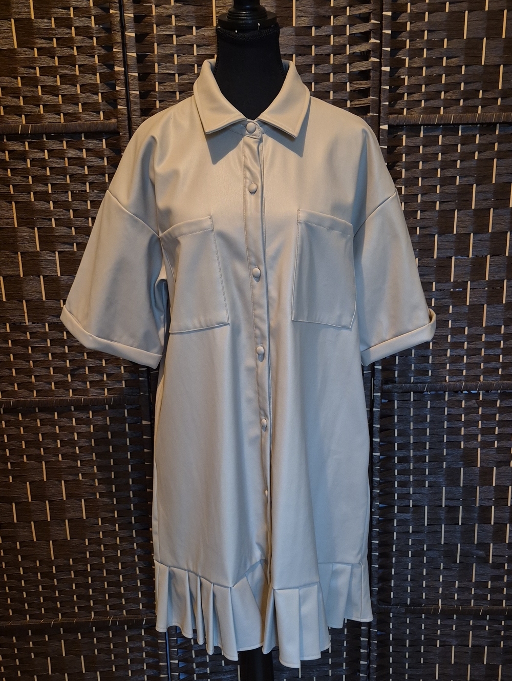 Hilary MacMillan Cream Button-Front Faux Leather Shirt Dress
